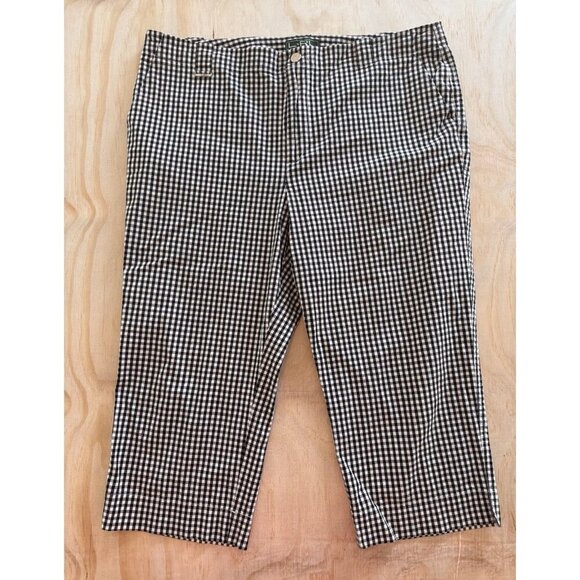 LRL Ralph Lauren Active Pants Womens 16 Black Gingham Check Cotton Stretch Crop - Picture 1 of 12